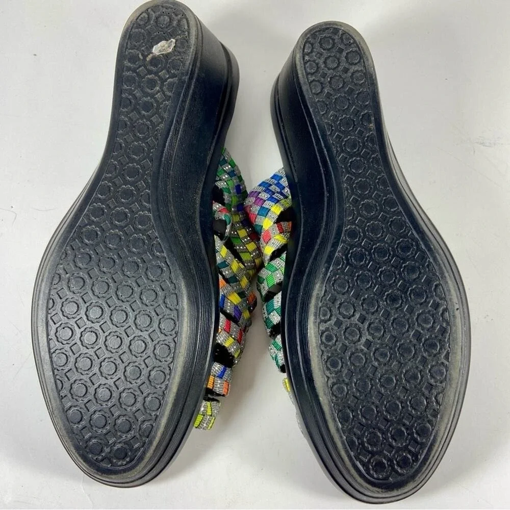 Corkys Rainbow Woven Wedge Sandals Silver Sparkle Slides Size 9